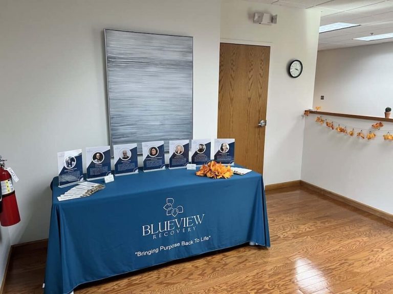 Blueview Recovery information table with clinician profiles and brochures.