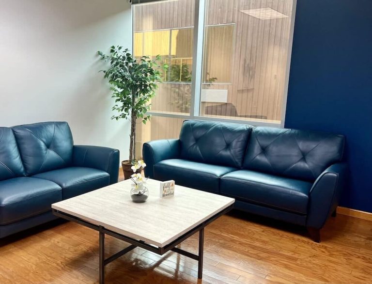 Blueview Recovery waiting area with blue sofas, coffee table, and large window.