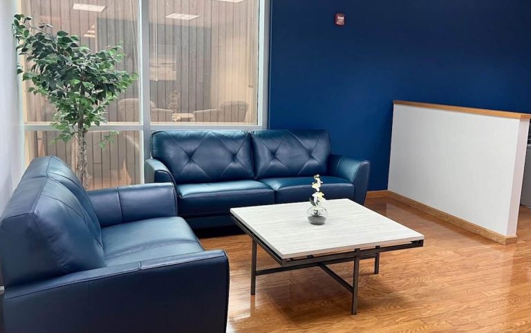 Blueview Recovery lounge with blue sofas, coffee table, and window with indoor plant.