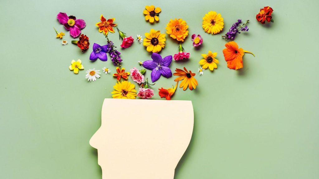 Illustration of a head with flowers symbolizing mental health and healing in recovery