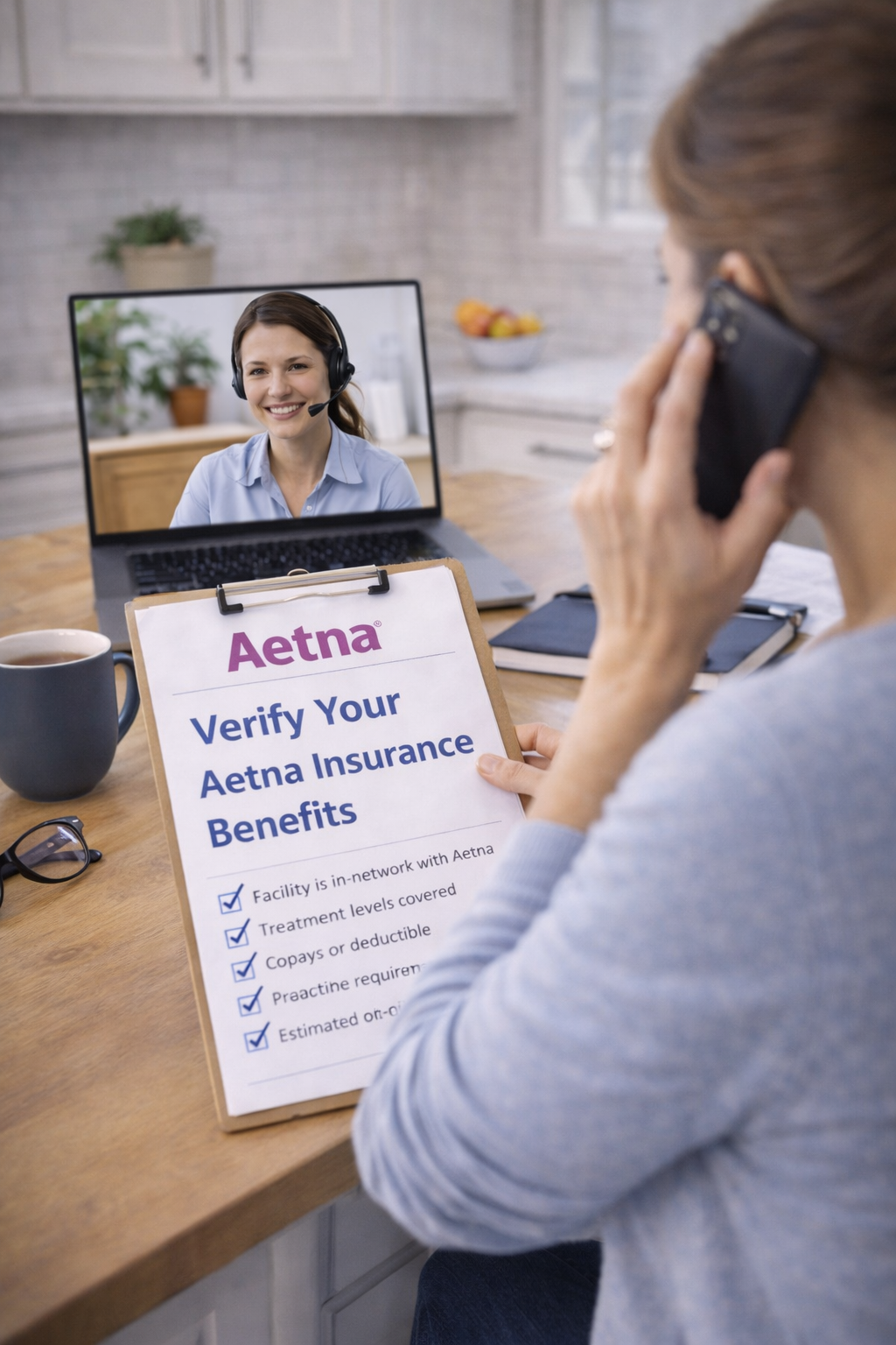 Woman verifying insurance benefits for outpatient addiction treatment